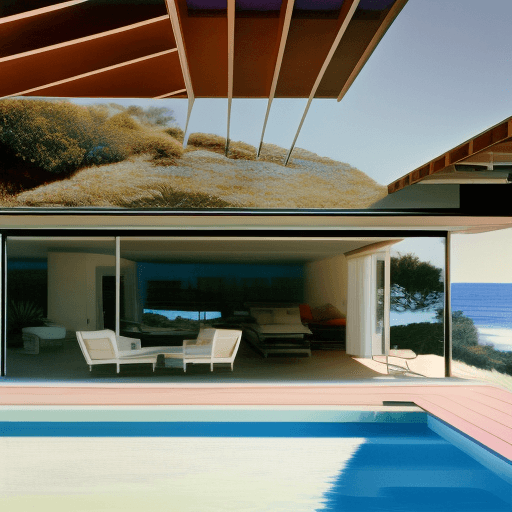AI generated: Hyper realistic eye level exterior photo of a mid century modern style house overlooking the ocean, ...