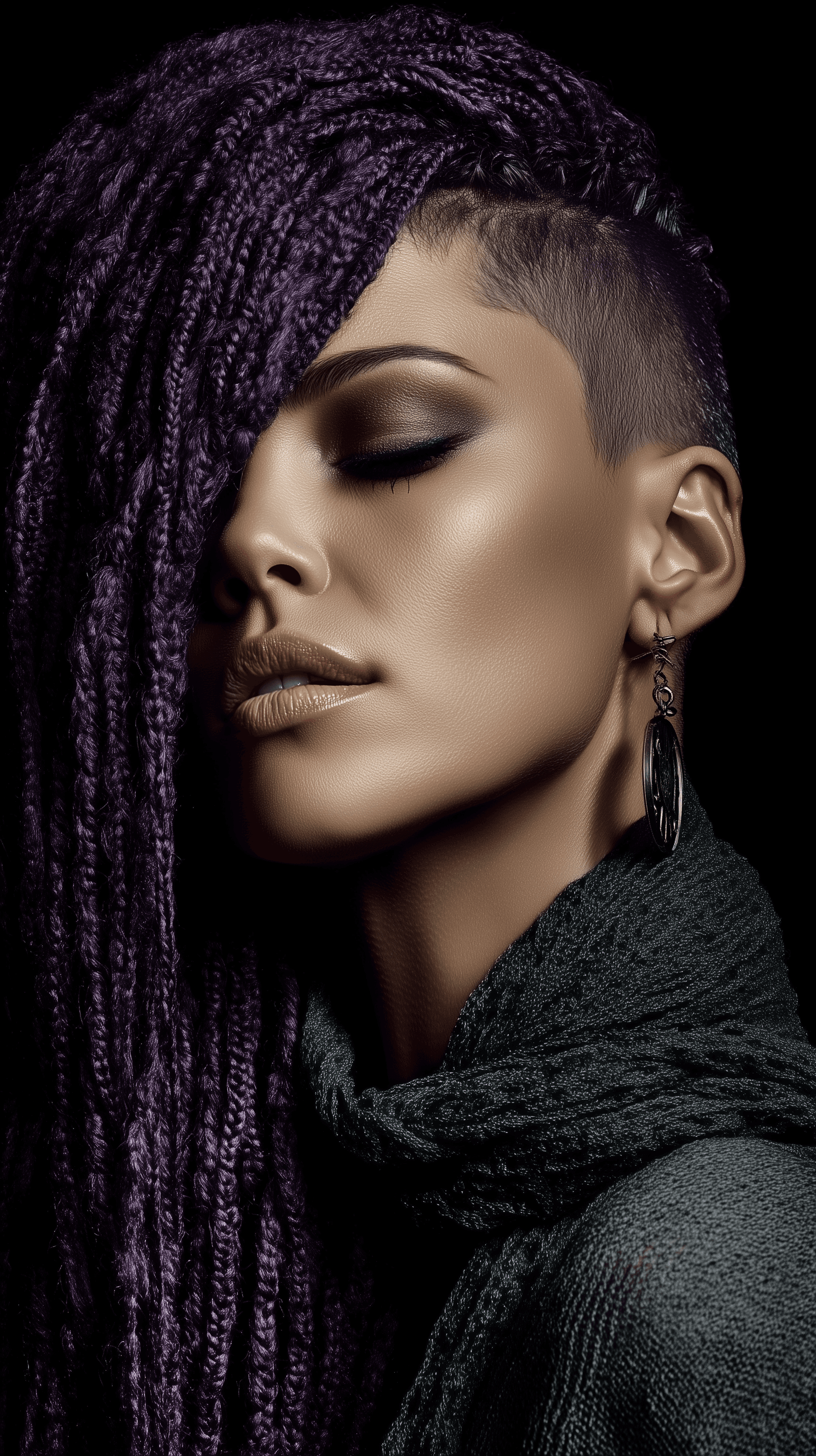 AI generated: studio photography, 45-degree side portrait, woman model, micro braids with undercut hairstyle, deep...