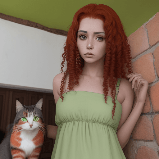 AI generated: Una chica pelirroja con ojos marrones y verdes rodeada de cinco gatos en una casa antigua