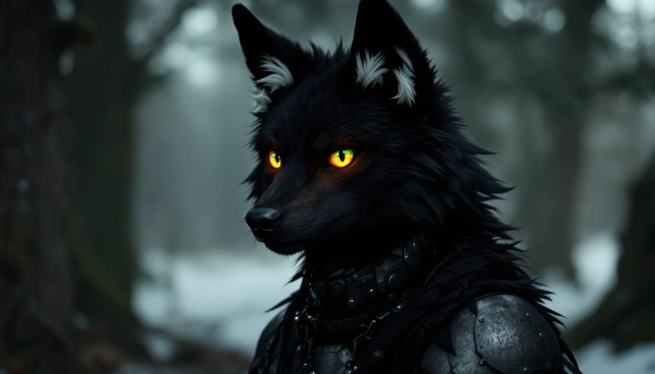 AI generated: Black Wolf fursona with gray highlights. It has extra wolf ears. It also has 2 pairs of extra eyes w...