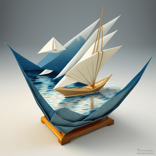 AI generated: 3D paperboat as Origami, paper quilting, background seascape painted on rice-paper in the style of U...