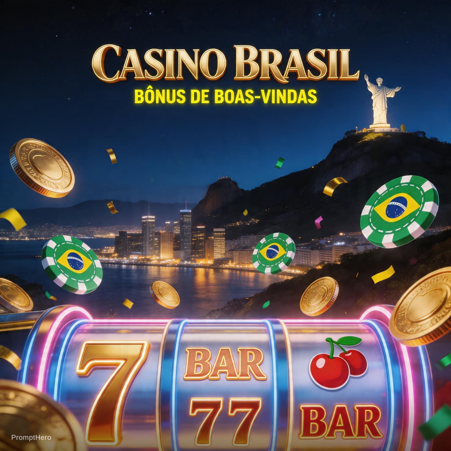 AI generated: High-end vertical mobile banner for Brazilian online casino, Rio de Janeiro night skyline with Chris...