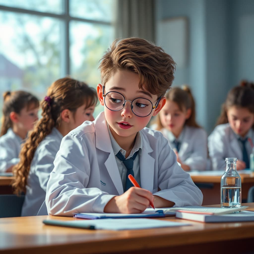 AI generated: třída vysokoškolských studentů sedících v lavicí a zapisujících si poznámky v předmětu biochemické i...
