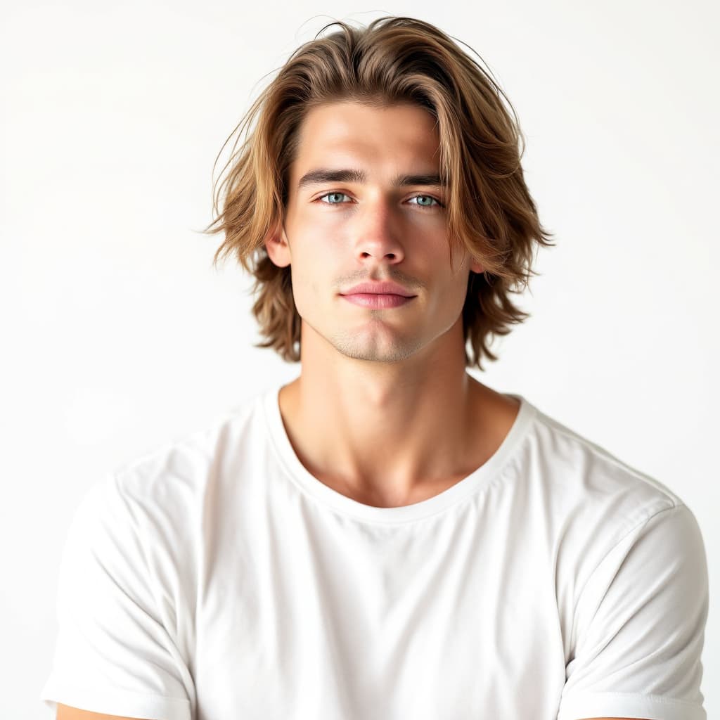 AI generated: Photo of a 23-year-old white American man, alabaster skin, straight golden brown hair, clean-shaven,...