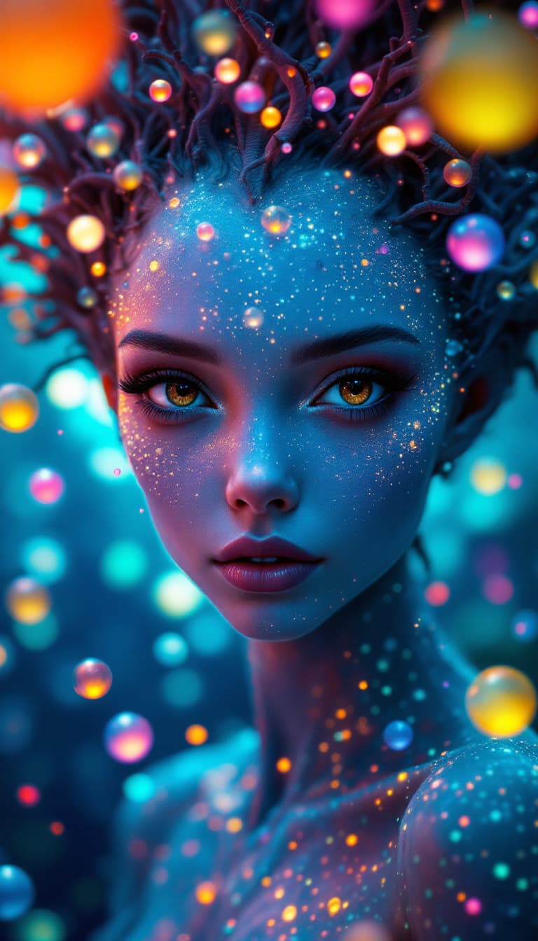 AI generated: Surreal 4k painting of an alien princess with expressive brown eyes and cosmic features. Her skin ap...