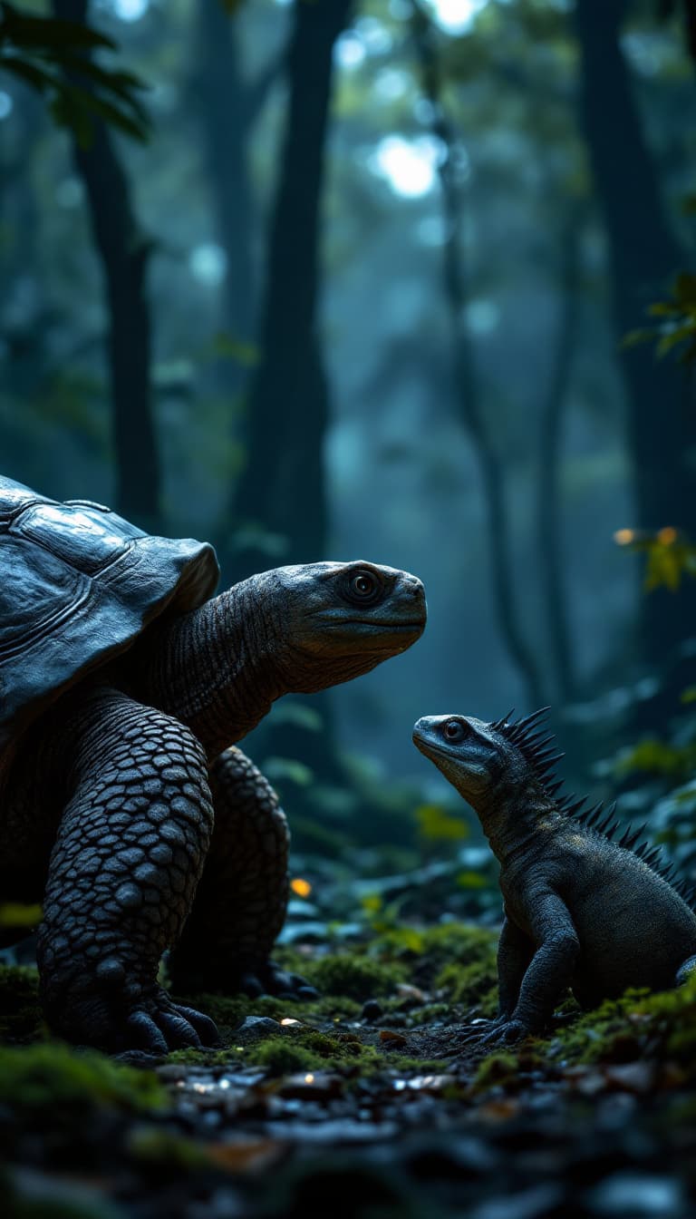 AI generated: A mesmerizing scene featuring a Galapagos Giant Tortoise and a Tuatara facing each other in the diml...