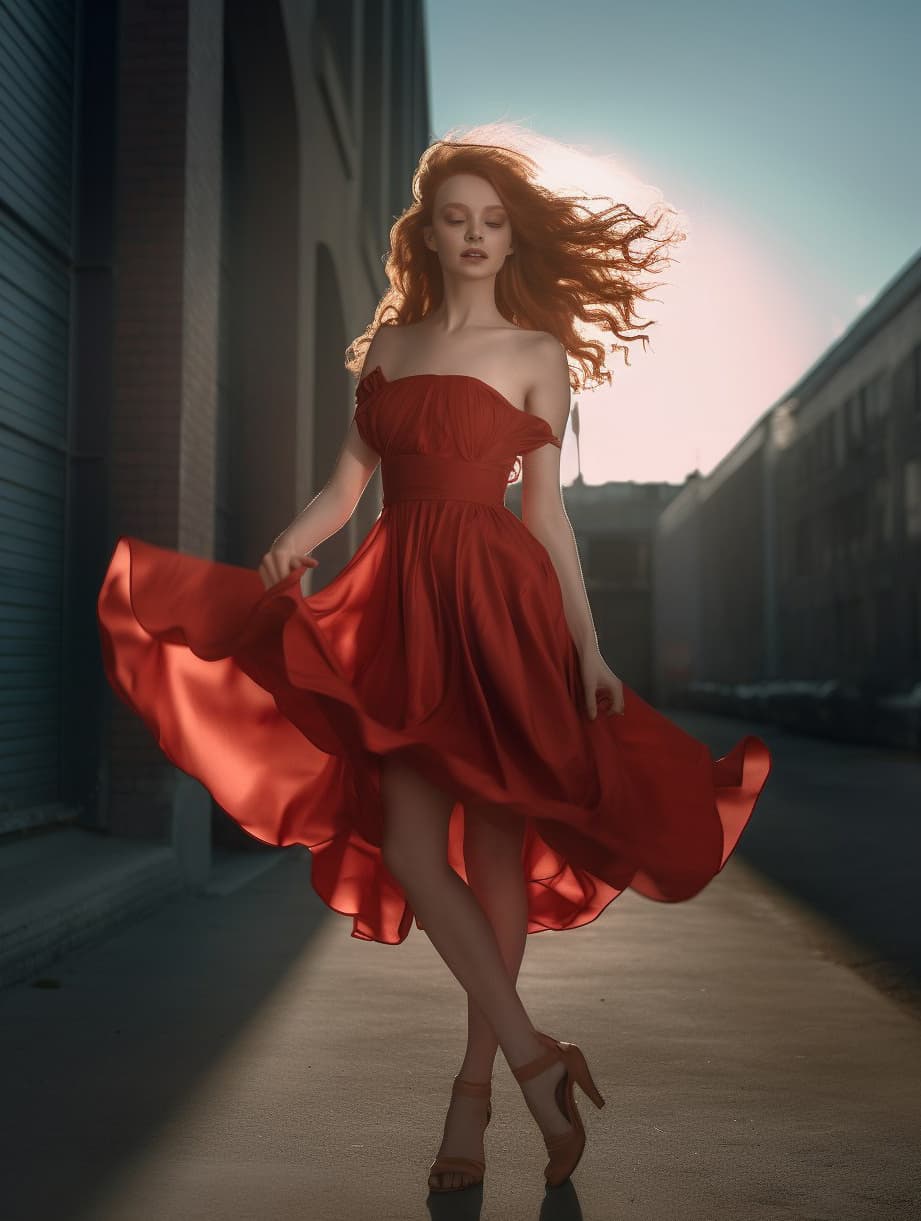 AI generated: full body photo head-to-toe of a beautiful red headed kristine froseth, walking in high heels, hair ...