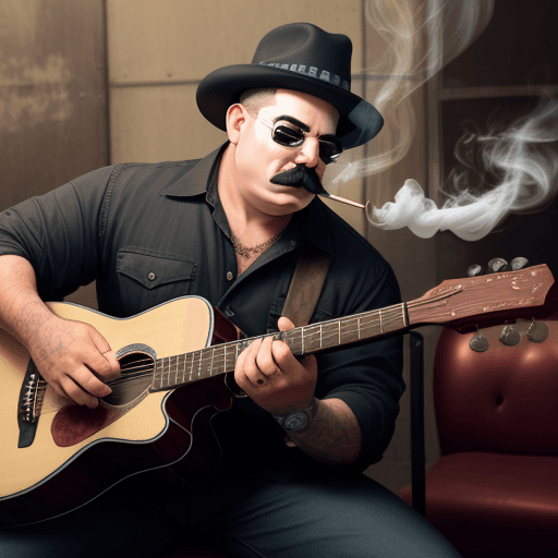 AI generated: Tow men Playing guitar and smoking,drink wine,dance,Thick mustache.
