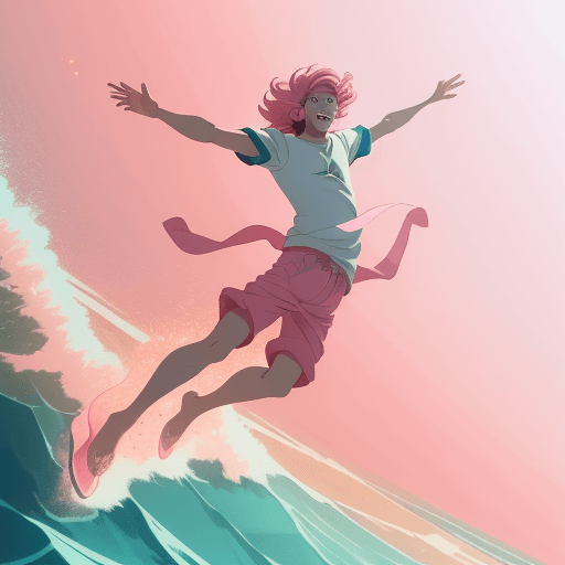 AI generated: make a portrait of a young man flying inside the sea, with pink sand. Background with lights and cor...