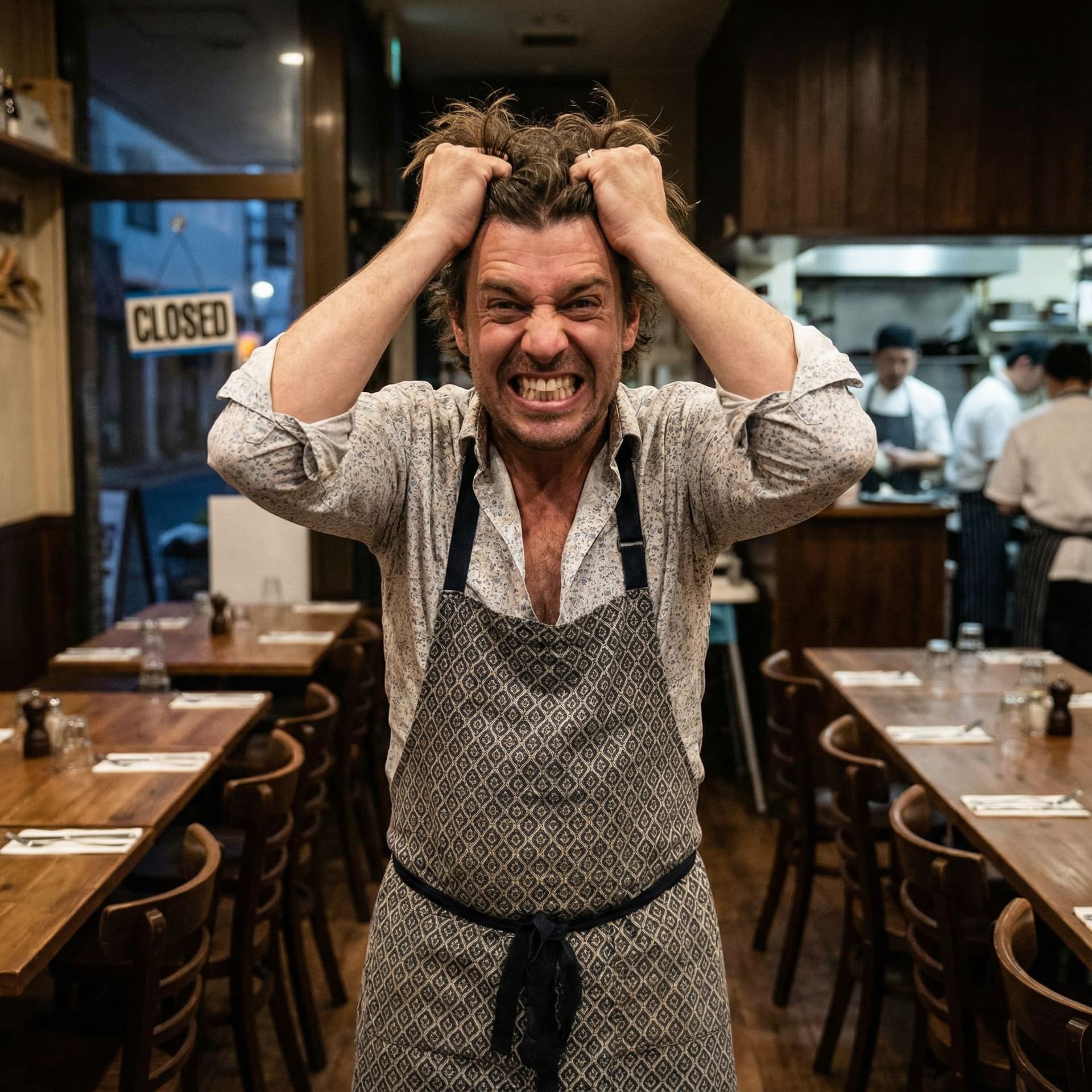 AI generated: Business owner panicking with hands in hair in his restaurant and showing teeth