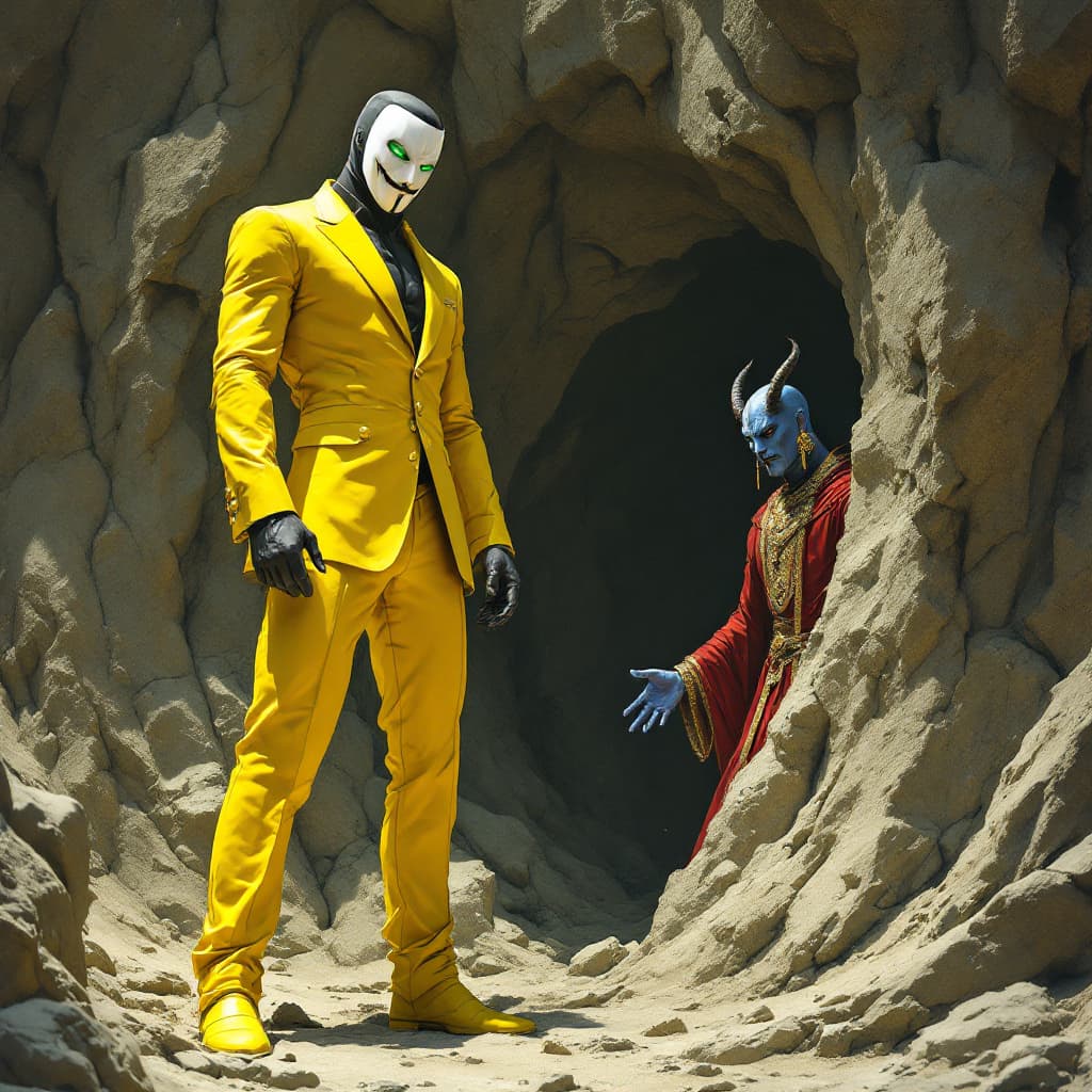 AI generated: A tall and slender hero wearing a bright yellow suit and a white mask resembling the one from 'V for...