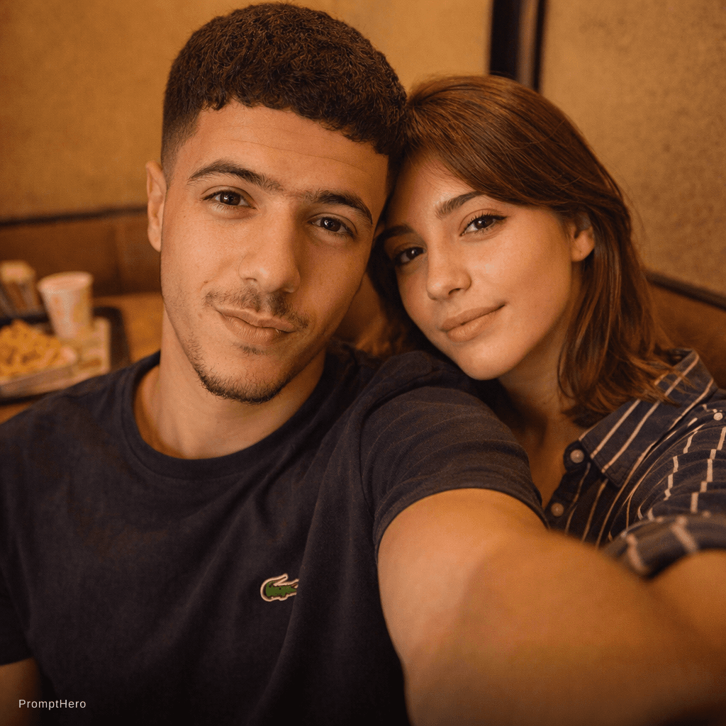 AI generated: An ultra-realistic candid selfie of a young couple sitting indoors in a cozy café, with warm ambient...