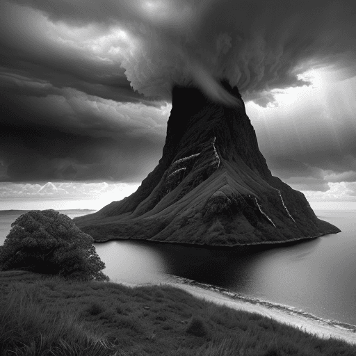 AI generated: Hyper realistic landscape in b&w Ansel Adam style, the Sky are very dark and stormy. The sun as diff...