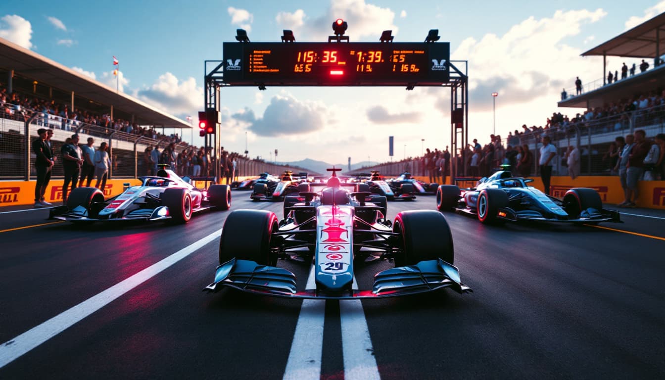 AI generated: Summer. At the beginning of the race track (a white stripe across the track), there are a few racing...