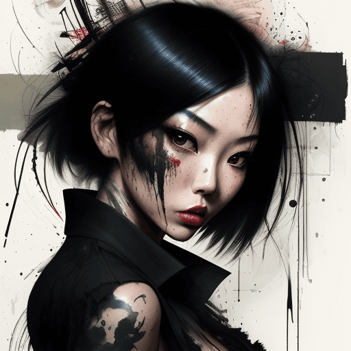 AI generated: aesthetic, painterly style, modern ink, Asian girl, sensual, sultry, dark blouse, expressive pose, u...