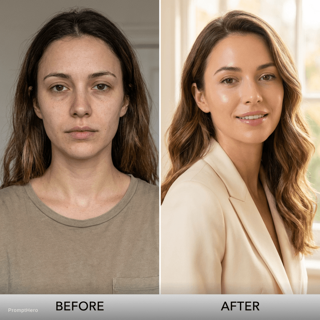 AI generated: natural glow up — clear skin, minimal makeup, soft natural light, relaxed confidence