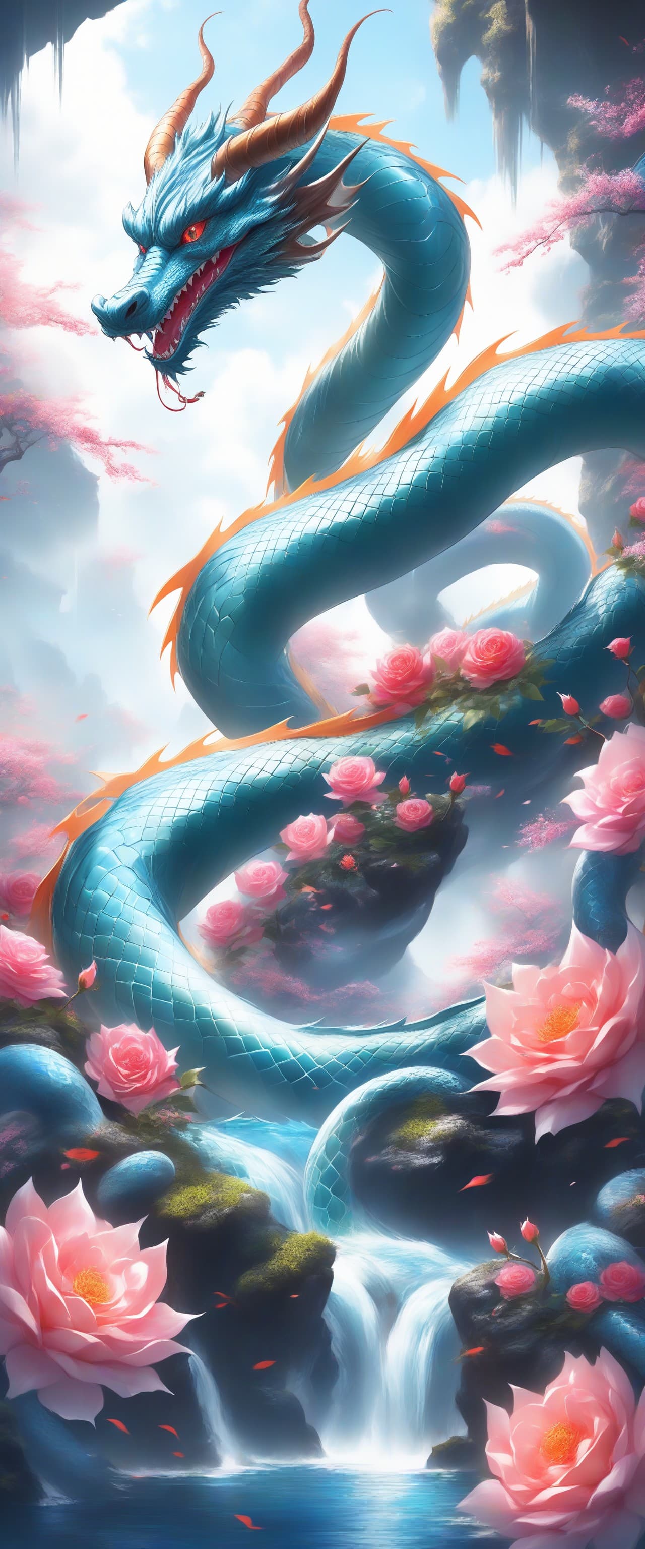 AI generated: a chinease dragon surrounded by flowers, the dragon has a long body akin to a snake, his long body c...