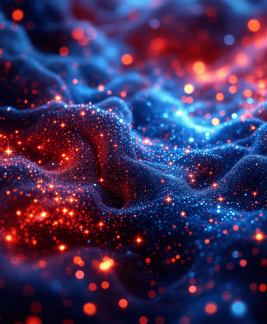 AI generated: Abstract glittering texture with red, blue, and orange sparks. Fantasy fractal design. Digital art. ...