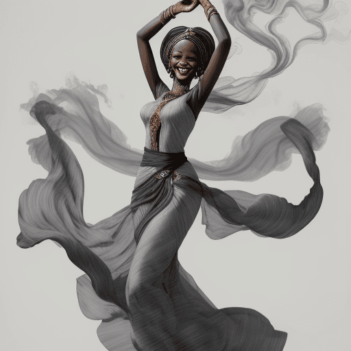 AI generated: a Sudanese woman's form floating across an image with smoke,laughing in the style of ink wash painti...