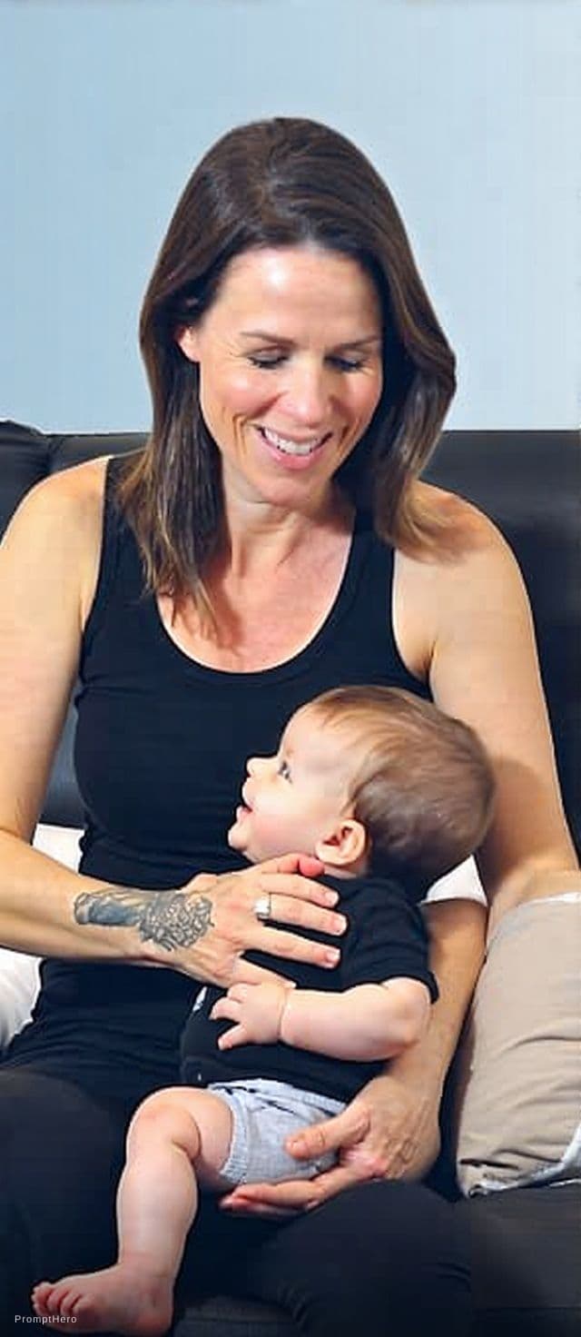 AI generated: woman who breast feeding childs by pulling both breast outside