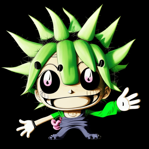 AI generated: Manga cactus with Black angry eyes and Smiley face and his hand ia making a positive signal, one pie...