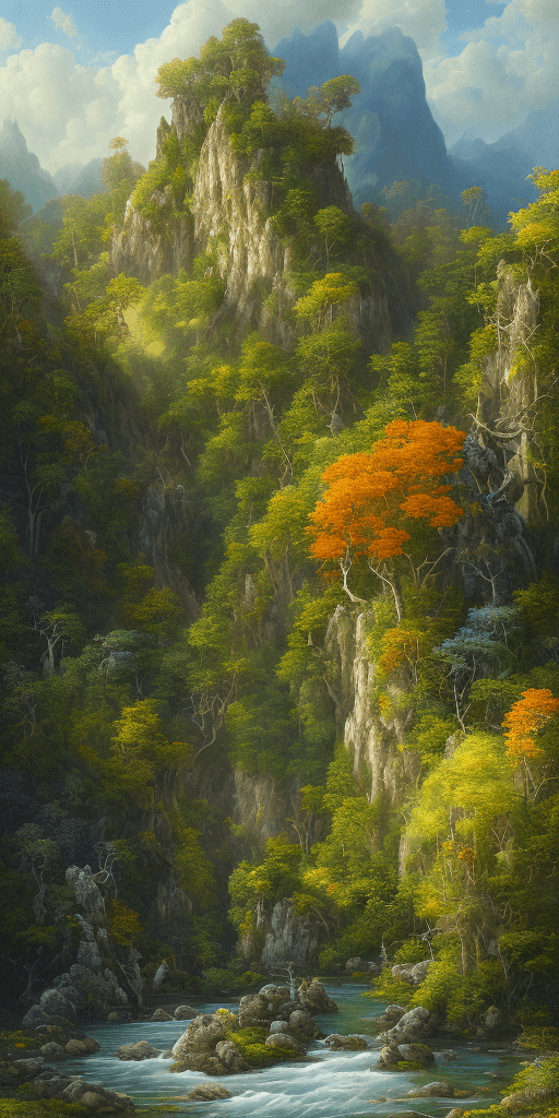AI generated: an endless mountain range on the background, covered full with lush green forests and life, blue sky...