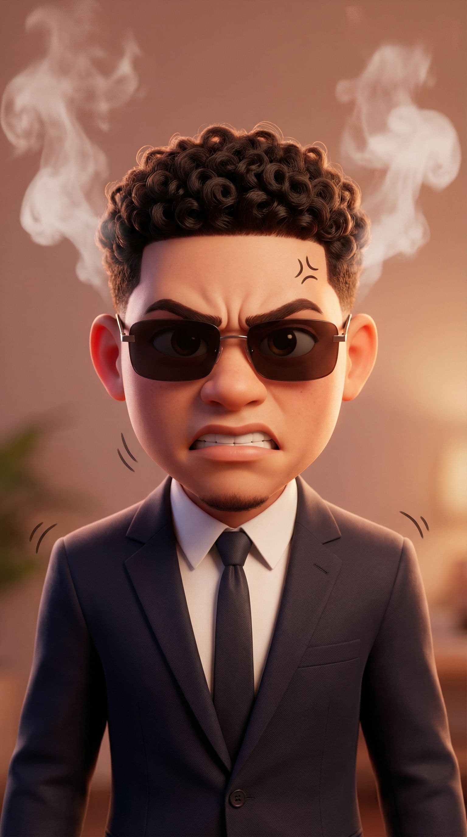 AI generated: a young Boy in a business suit with a very angry expression, in the style of unreal engine 5, cartoo...