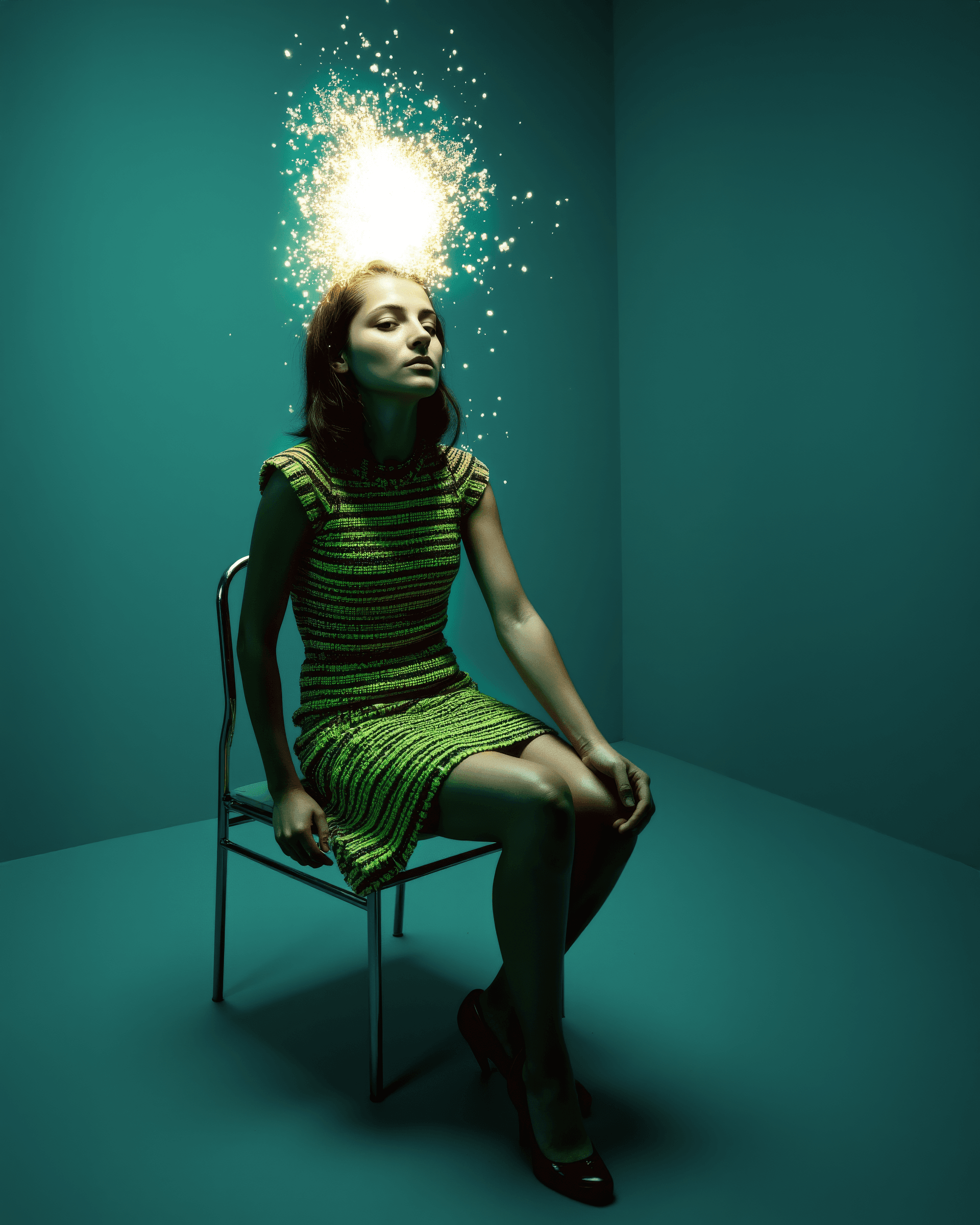AI generated: 25-year-old Elanai, black hair, model, posing dressed in neon green and black tweed Chanel short dre...