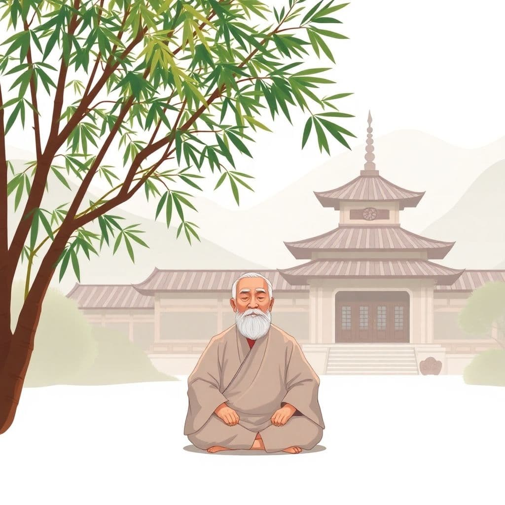 AI generated: A serene Zen temple nestled in the mountains, illustrated in a stylized cartoon aesthetic. The wise,...