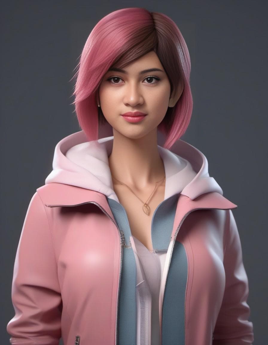 AI generated: a close up of a person with pink hair and a jacket, 3 d render character art 8 k, 3d character reali...