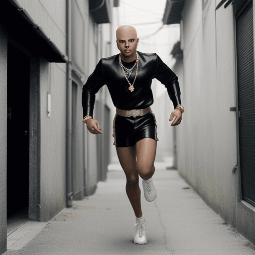 AI generated: young bald black urban male with gold earrings running through an alley, in black white 80's anime s...