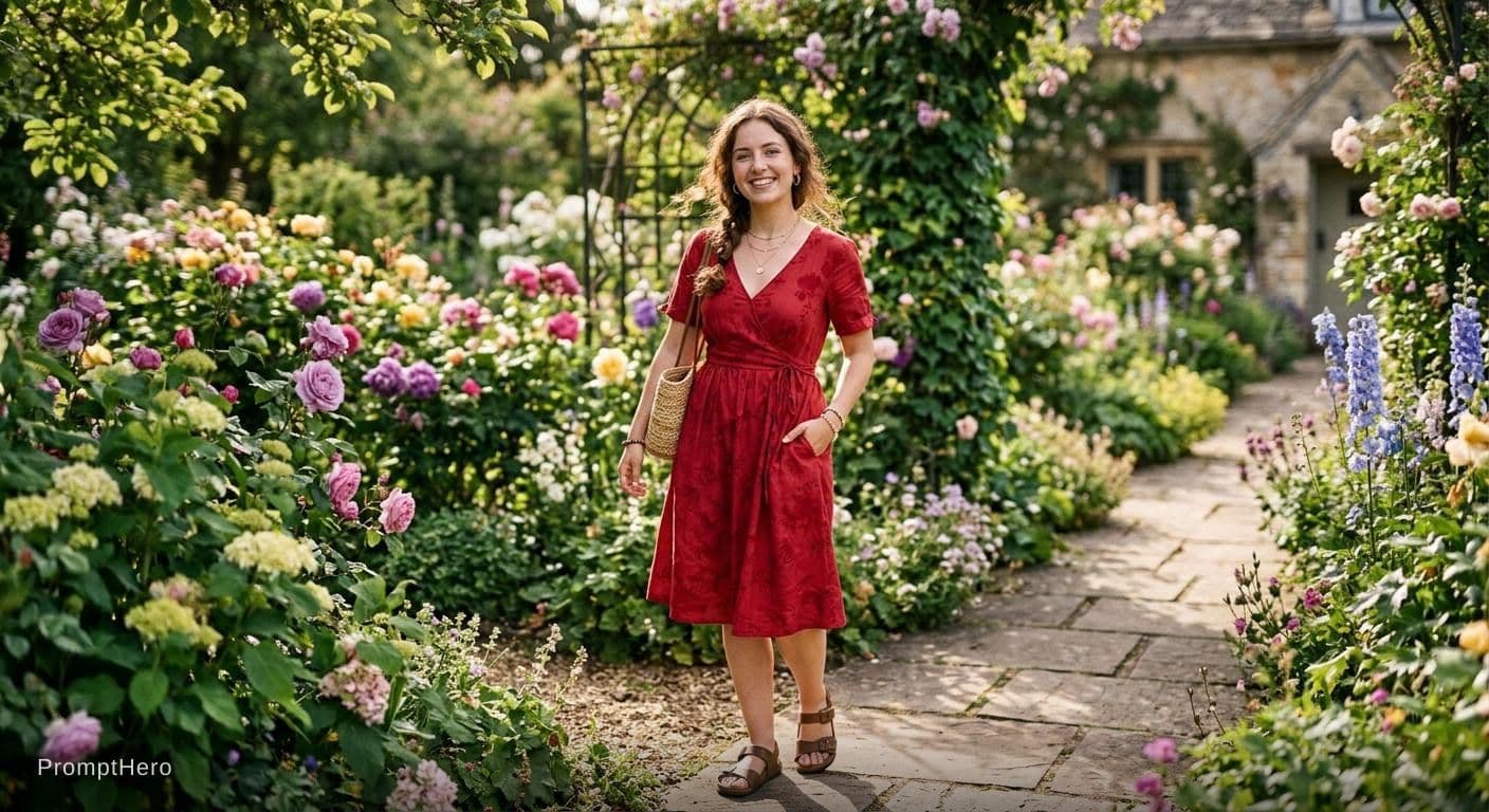 AI generated: Change the dress this girl by red dress and change the background by garden 
