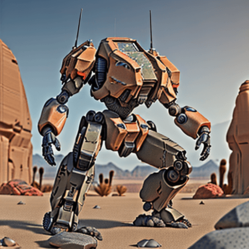 AI generated: a mechwarrior crab head,Digitigrade legs,electronics,details ,concept,in desert with rocks and stone...