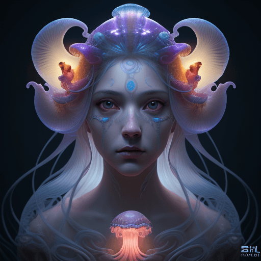 AI generated: Goddess close-up portrait ribcagel. jellyfish phoenix head, nautilus, orchid, skull, betta fish, bio...