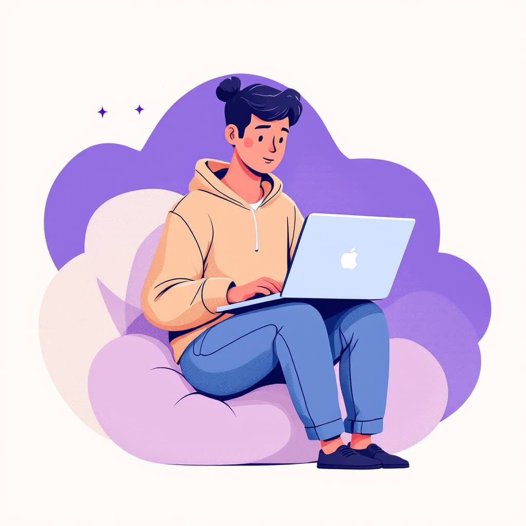 AI generated: A flat, modern digital illustration of a young person sitting on a soft, stylized cloud, working on ...