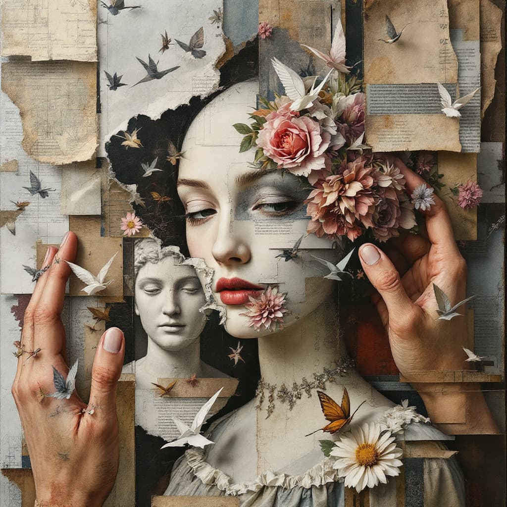 AI generated: A masterpiece oil painting in the style of an intuitive visual collage, where contrasting textures, ...