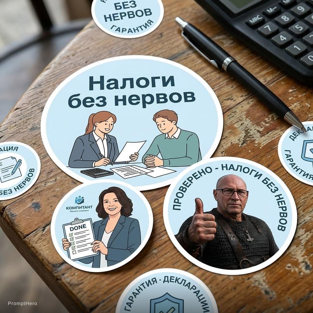 AI generated:  Stickers of the accounting firm Taxes Without Nerves. Print in Russian: Налоги без нервов