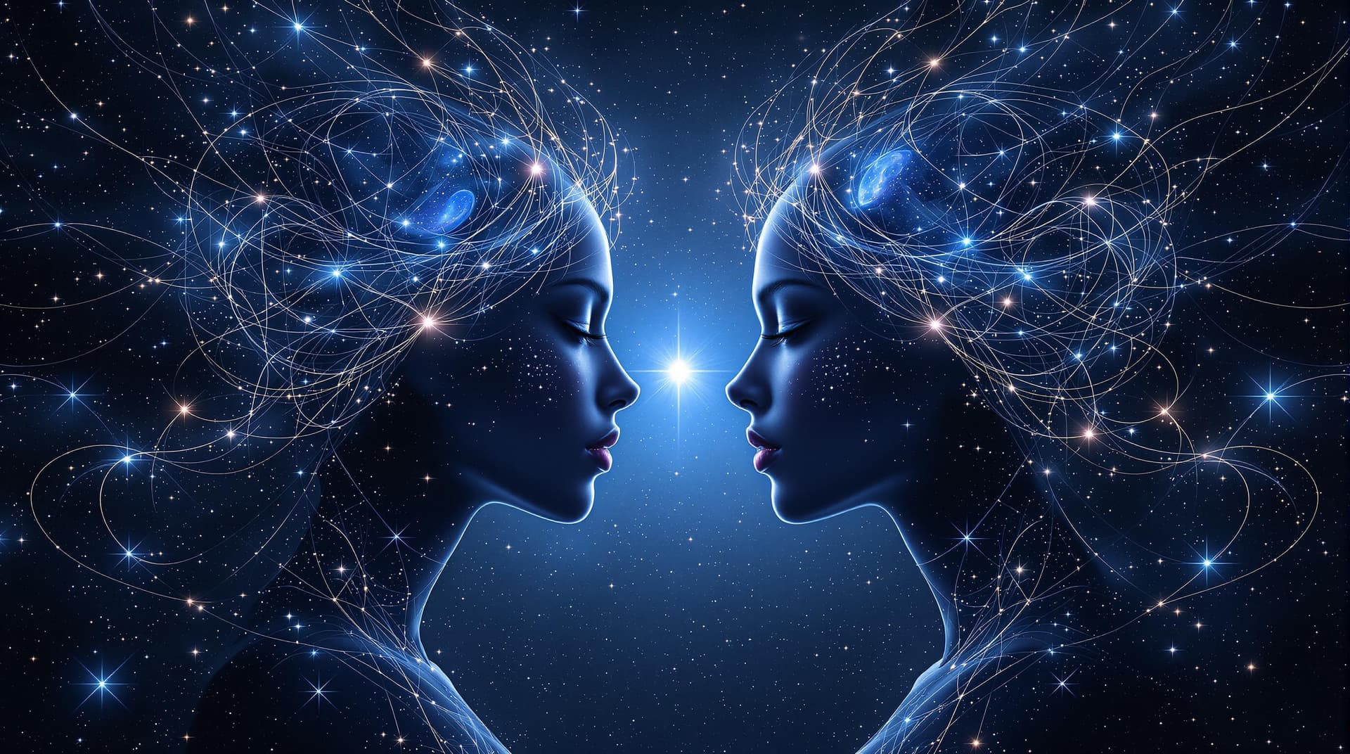 AI generated: Digital artwork featuring two ethereal female figures facing each other in a cosmic setting. The sty...