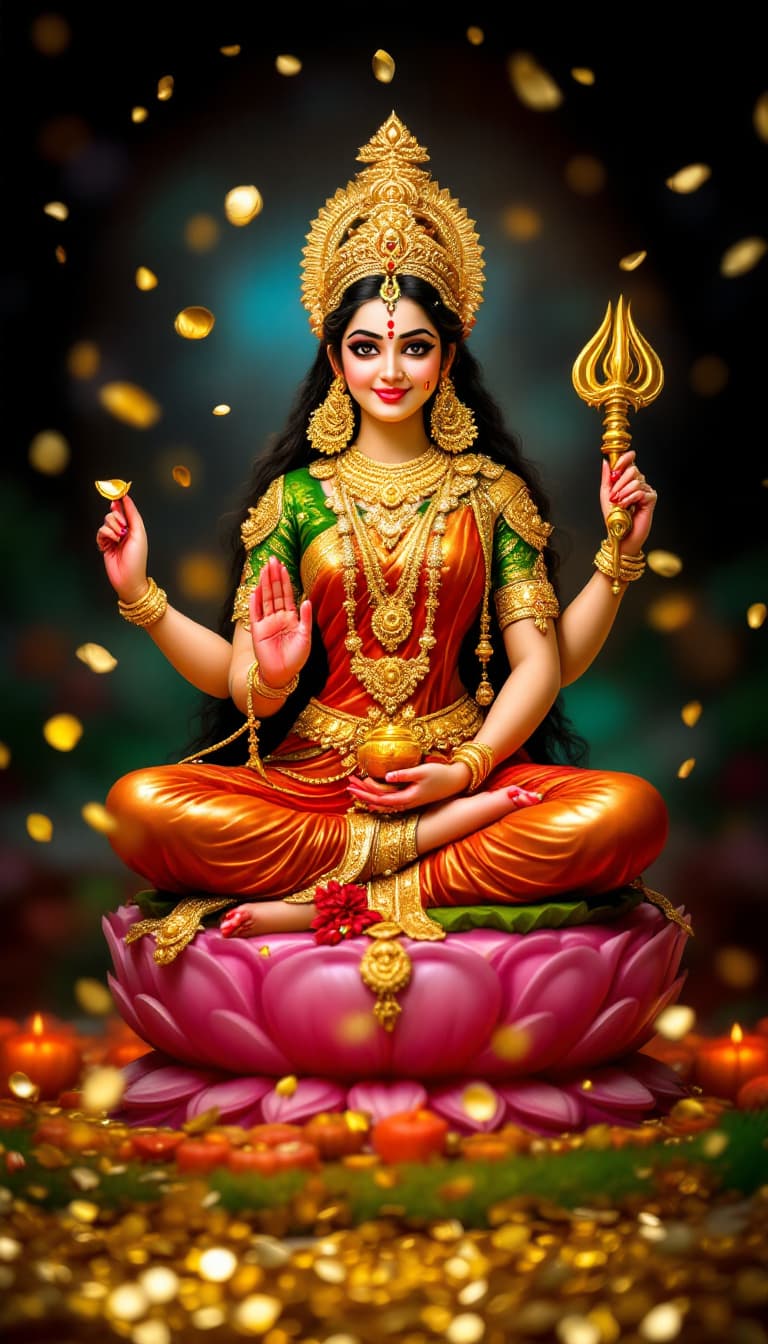 AI generated: Indian female god of money, gold name Laxmi, wearing gold, share blessing, spread happiness, smile, ...