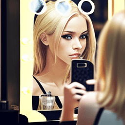 AI generated: photo of blonde woman. she is in the restaurant and she is taking photo of herself by mirror and sha...