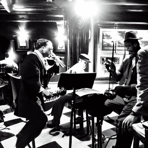 AI generated: film noir jazz bar, quartet singing, mic, music, people, nice ambience, black and white