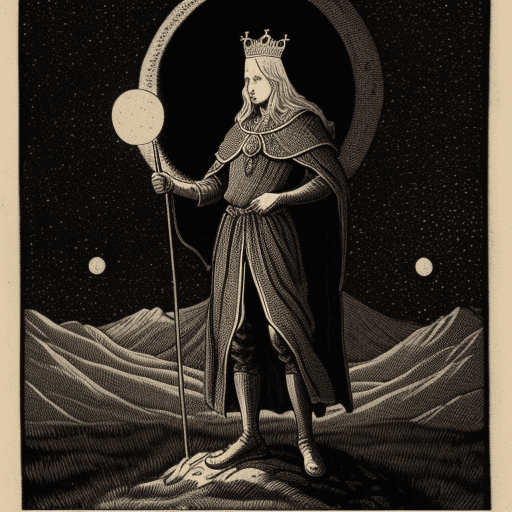 AI generated: A king standing on a hill, stars in sky, moon with face in sky, alchemical art, medieval woodcut art...