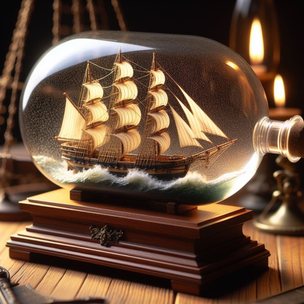 AI generated: Professionally Photographed view of a Ship-in-a-bottle, hand-crafted model ship and waves, detailed,...