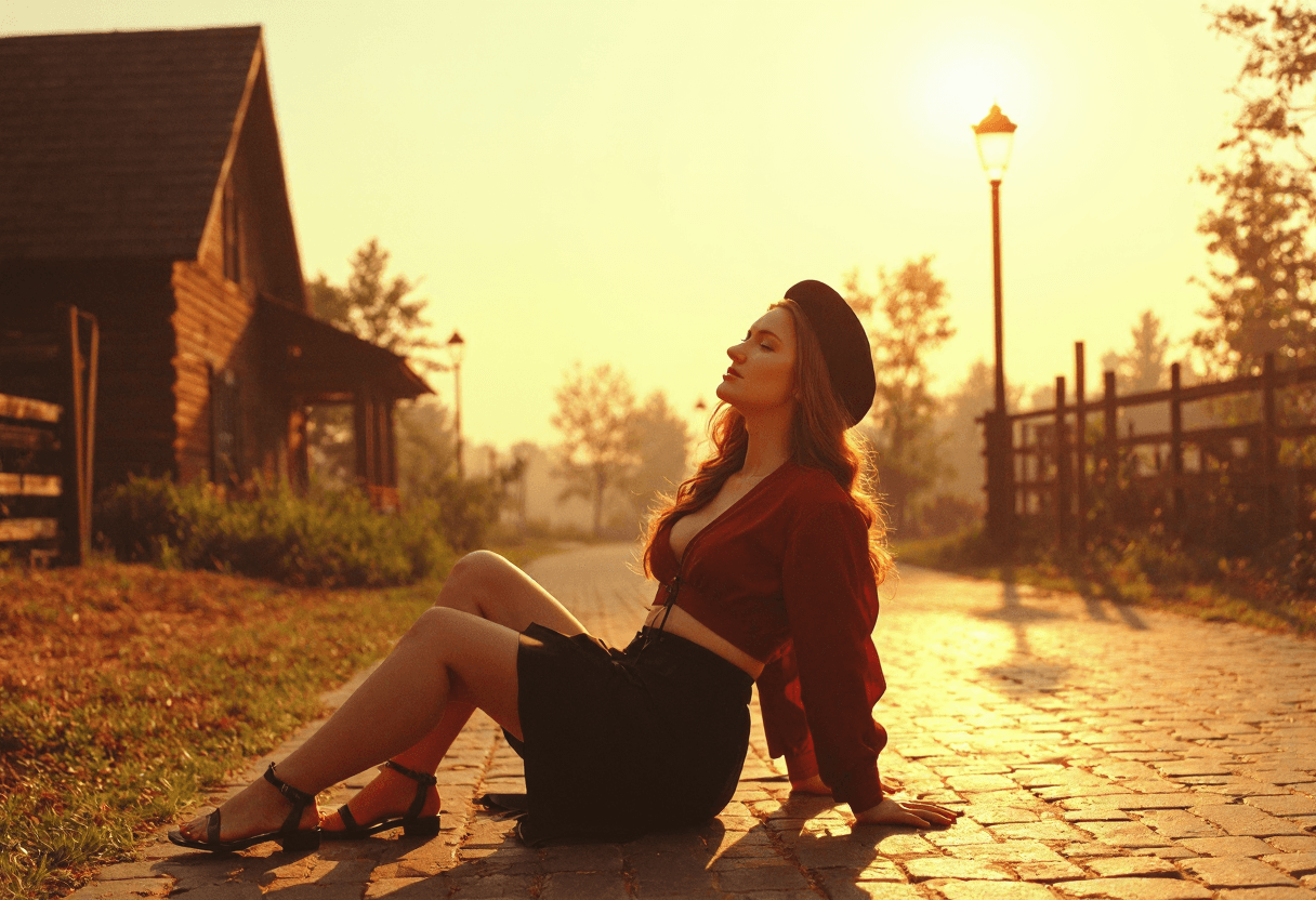 AI generated: A 35mm film photograph of a serene countryside at sunset. The image is shot with a wide-angle lens, ...