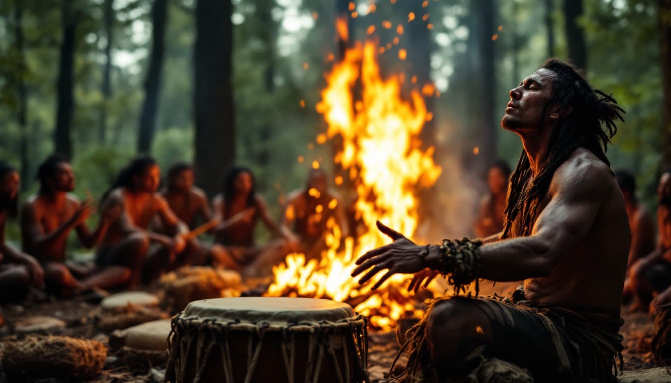 AI generated: long shot: The drummer, seated at the edge of the clearing, plays an intense rhythm. Beads of sweat ...