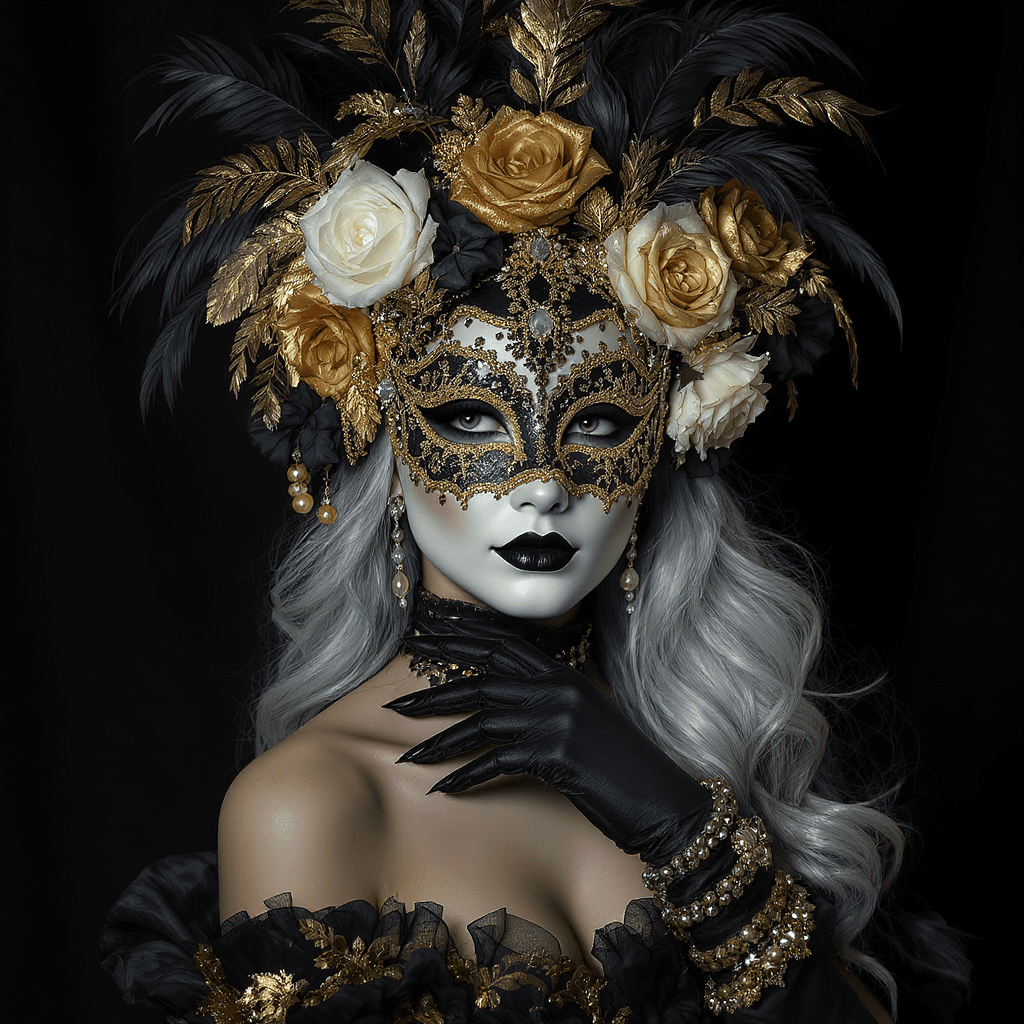 AI generated: "Luxurious and intricate masquerade portrait of an elegant woman adorned with a lavishly detailed ma...