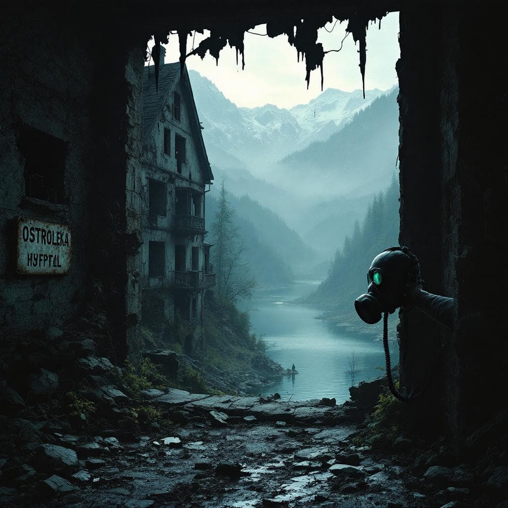 AI generated: Ostroleka, Mountain Town, Disintegrating Architecture, Ruined Hospital, Sign at Entrance to "Hospita...