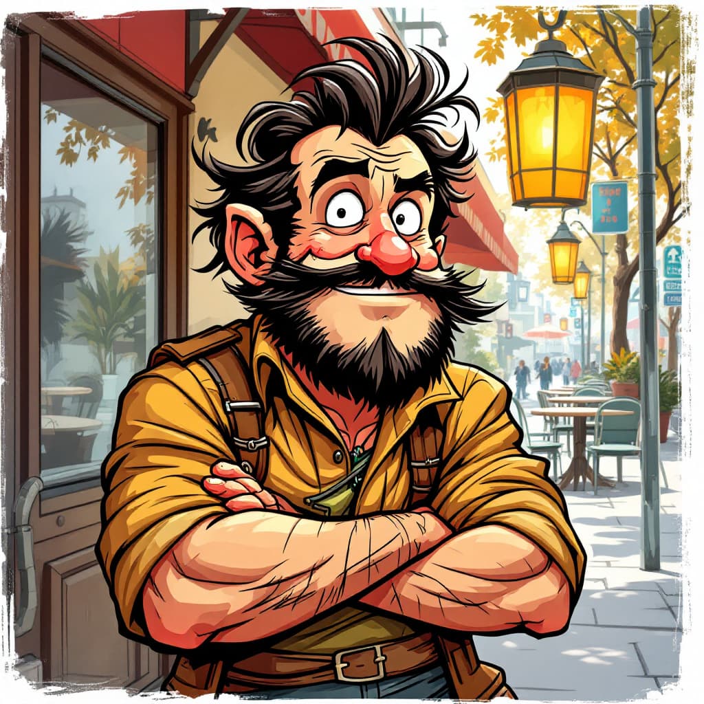 AI generated: a handsome 
trader in childer's comic book character, hilariously exaggerated features --ar 1:2 --st...