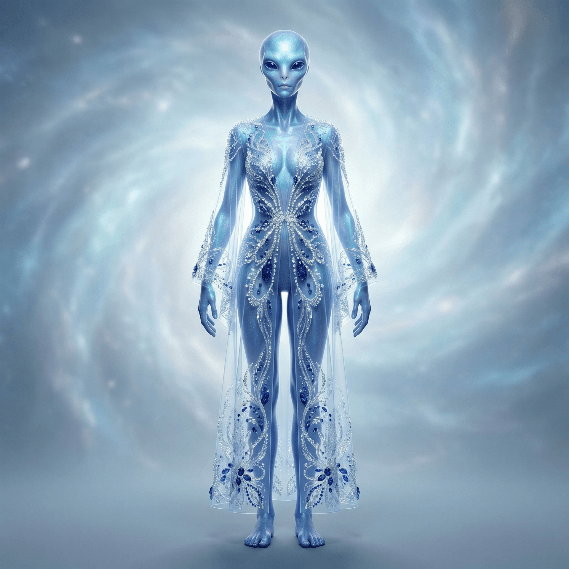 AI generated: full body portrait of a beautiful alien model, intricate filigree crystal dress in the style of Iris...