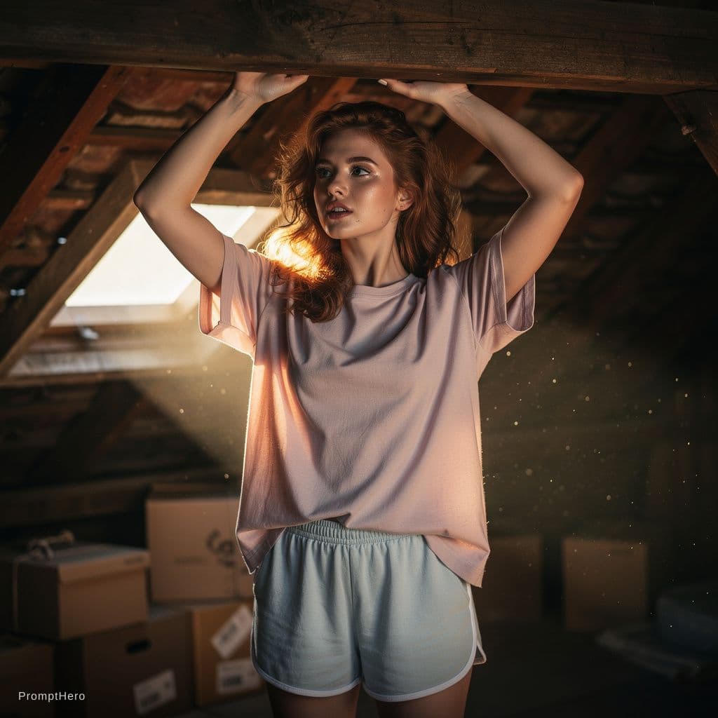 AI generated: A young woman with soft, sun-kissed skin and tousled auburn curls is suspended mid-air by thick hemp...